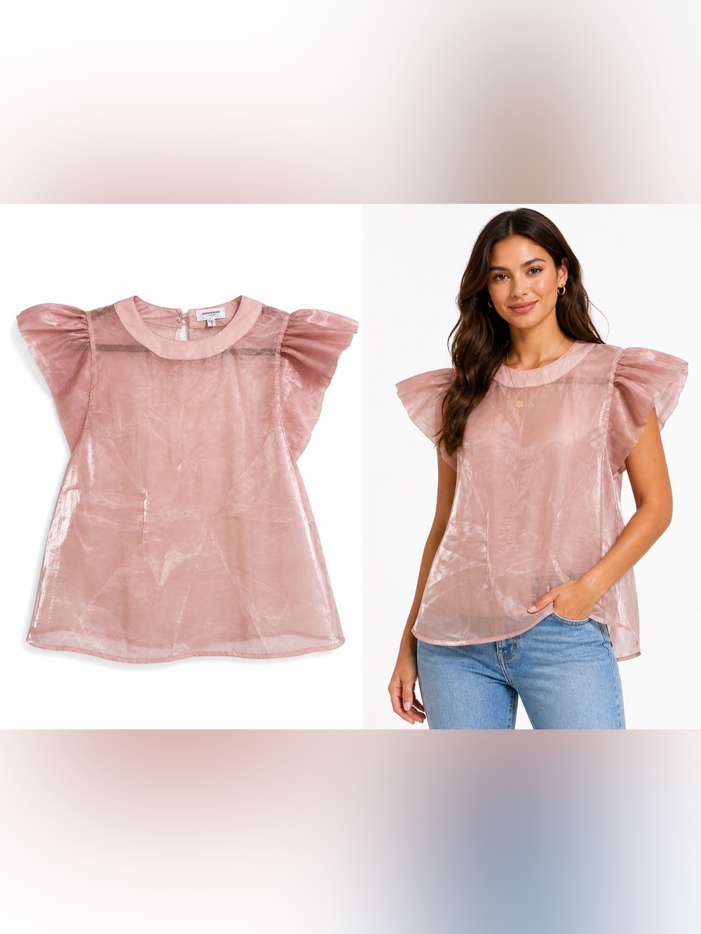 Organza Flutter-Sleeve Blouse — Dusty Rose